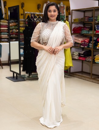 Gorgeous ready made white silk saree