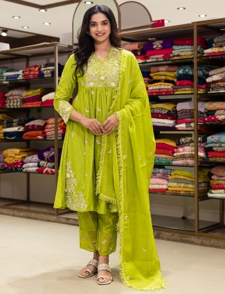Green festive wear silk slawar suit