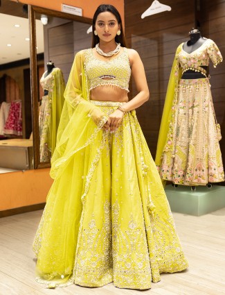 Lime yellow silk lehenga choli for reception