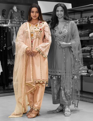 Peach salwar kameez in rich silk