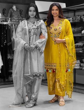 Yellow festive wear salwar suit in silk