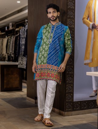 Blue cotton silk kurta suit with bandhani print