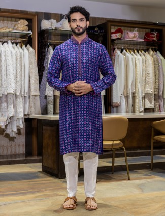 Blue printed festive wear kurta suit in cotton silk