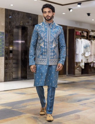 Blue wedding wear waistcoat set with resham and sequins shine