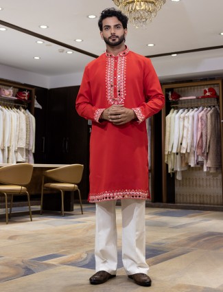 Orange cotton silk kurta suit with mirror work