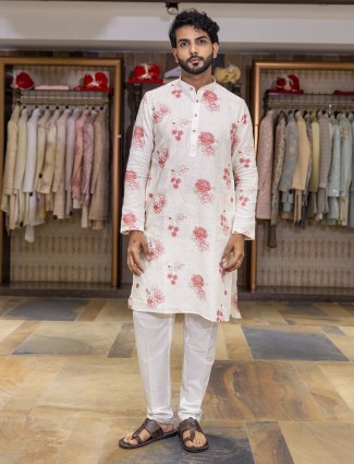 White linen kurta suit with thread work