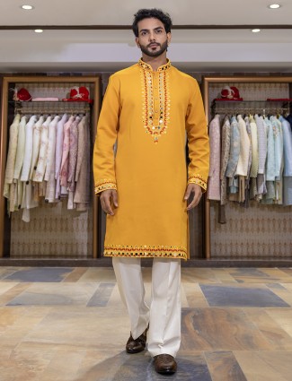 Yellow cotton silk kurta suit with embroidery