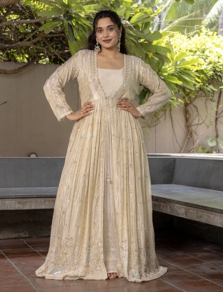 Cream silk floor length anarkali suit for women