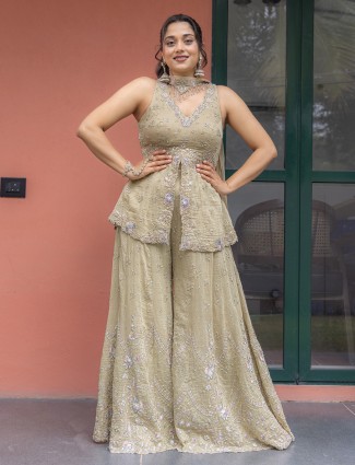 Beige silk traditional salwar kameez
