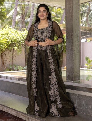 Peach georgette palazzo suit featuring bead and sequin accents
