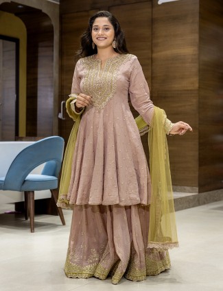 Peach georgette palazzo suit featuring bead and sequin accents