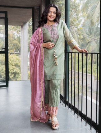 Pista green tissue silk palazzo kurti set with dupatta