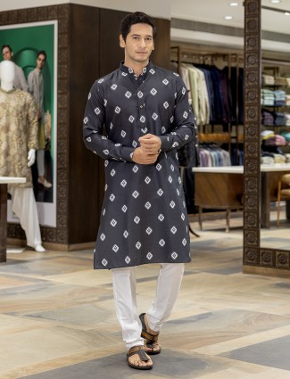 Black printed cotton silk kurta suit for men