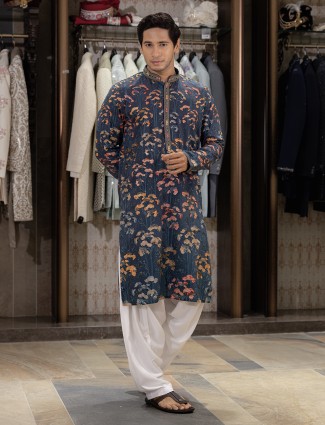 Blue cotton silk kurta suit with thread