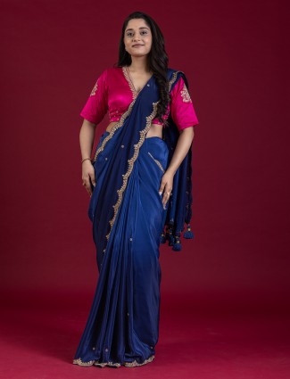 Blue silk partywear saree with contrast pink blouse