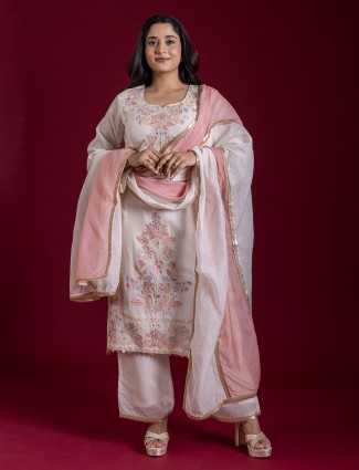 Cream cotton silk festive wear salwar suit