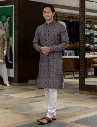 Dark purple printed cotton silk kurta pajama for men