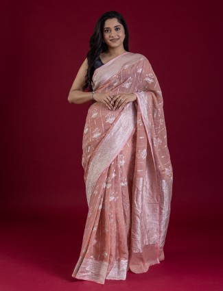 Light pink zari worked saree in tissue silk