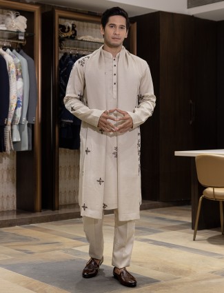 Off white cotton silk kurta suit with dupatta