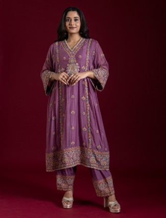 Purple cotton silk resham worked salwar suit for wedding