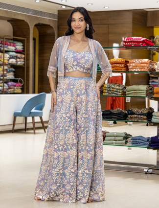 Stone blue net reception wear palazzo suit