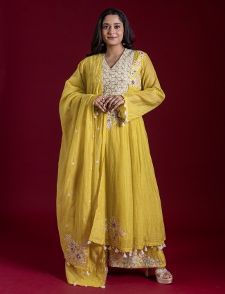 Yellow cotton silk thread worked salwar suit
